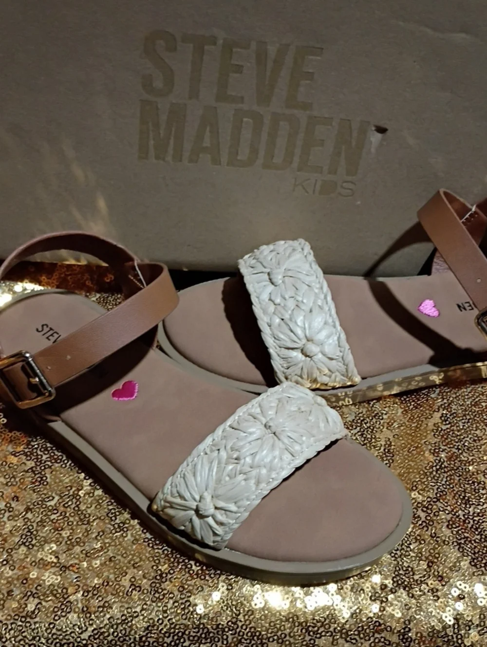Steve Madden Kids White Braided Front Strap Sandals with Tan Ankle Strap